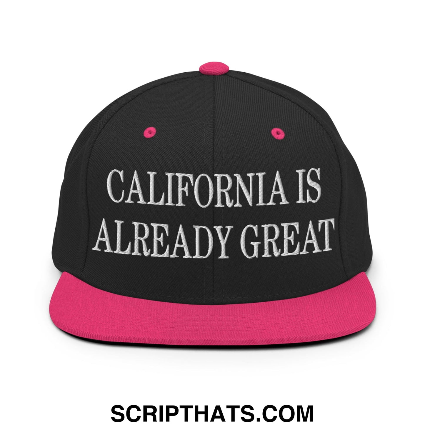 Black snapback cap with vibrant pink flat bill brim and button embroidered california is already great in white