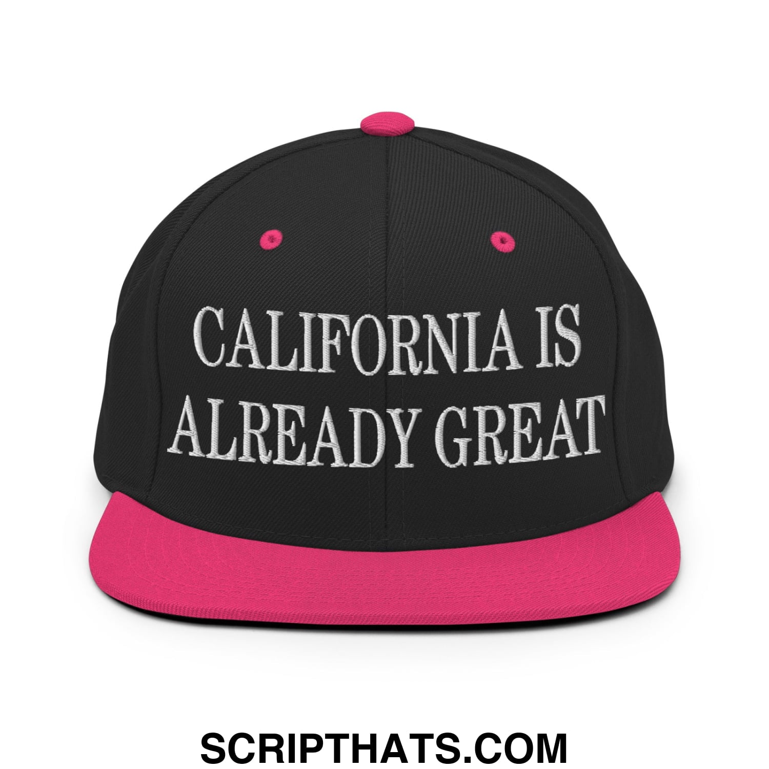 Black snapback cap with vibrant pink flat bill brim and button embroidered california is already great in white