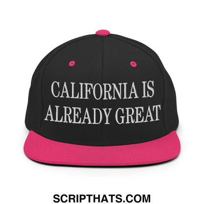 Black snapback cap with vibrant pink flat bill brim and button embroidered california is already great in white