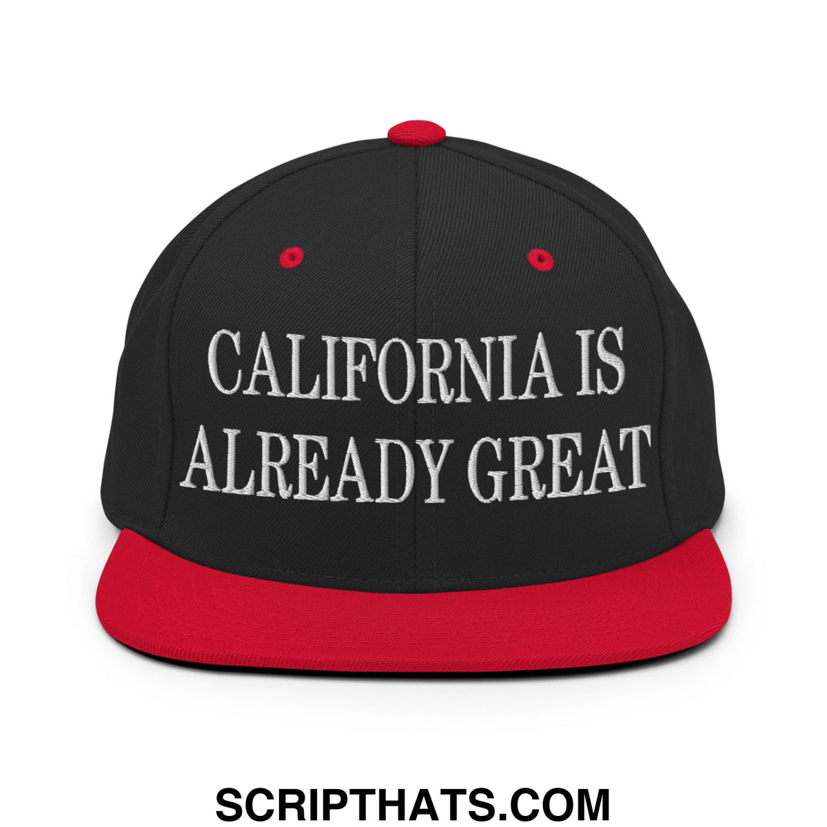 Black and red snapback cap with white embroidered california is already great text and flat bill brim design