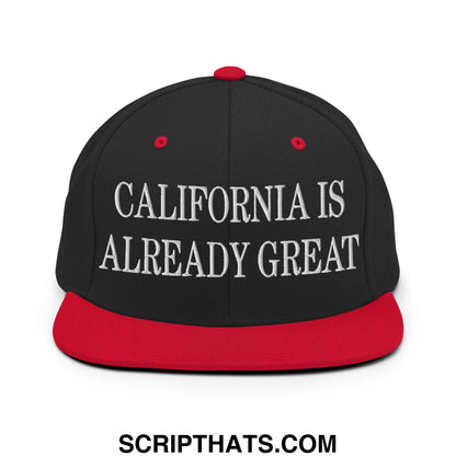 Black and red snapback cap with white embroidered california is already great text and flat bill brim design
