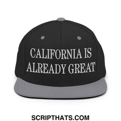 Black snapback cap with gray brim and white embroidered california is already great text flat bill brim design