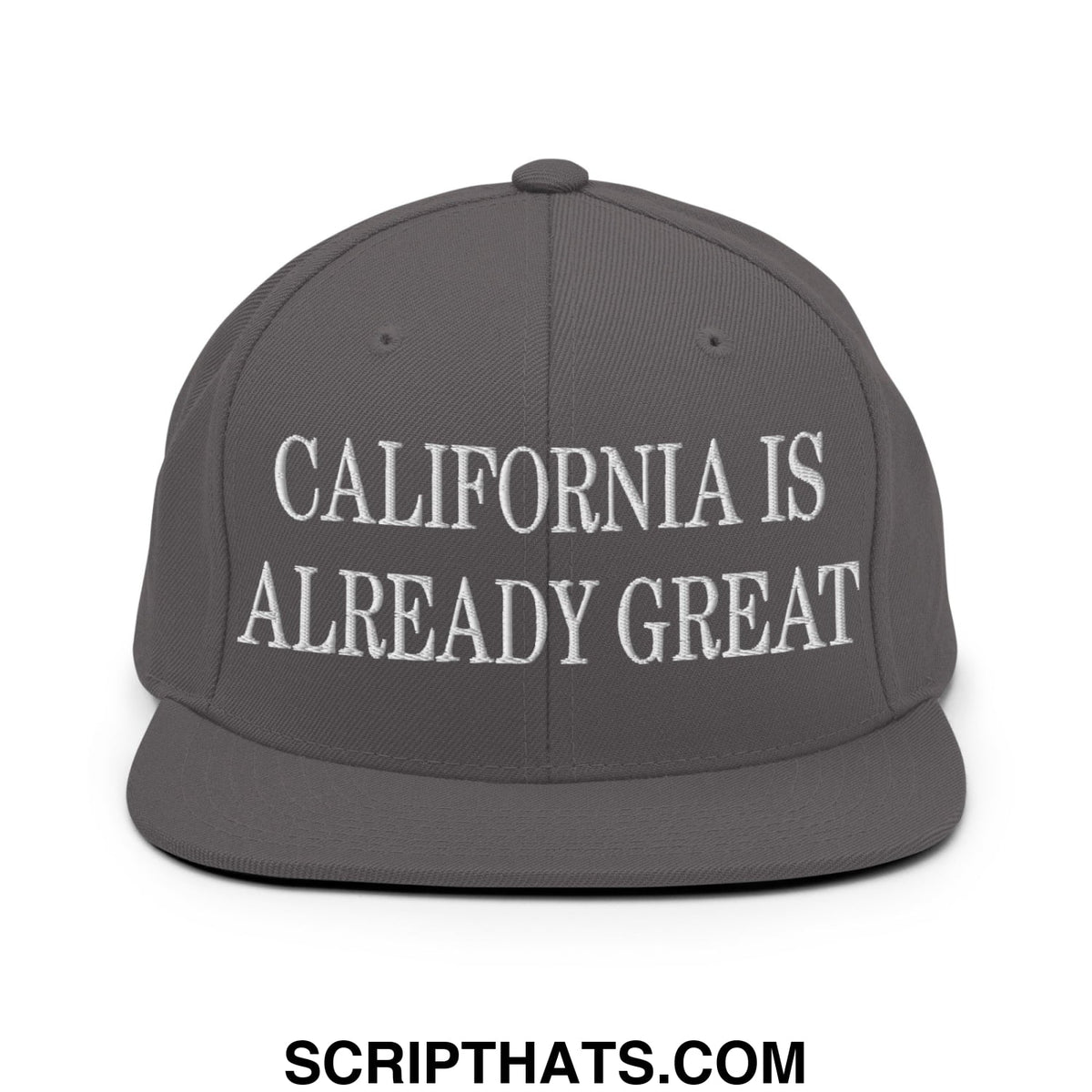 Gray snapback cap with white embroidered california is already great text and flat bill brim design