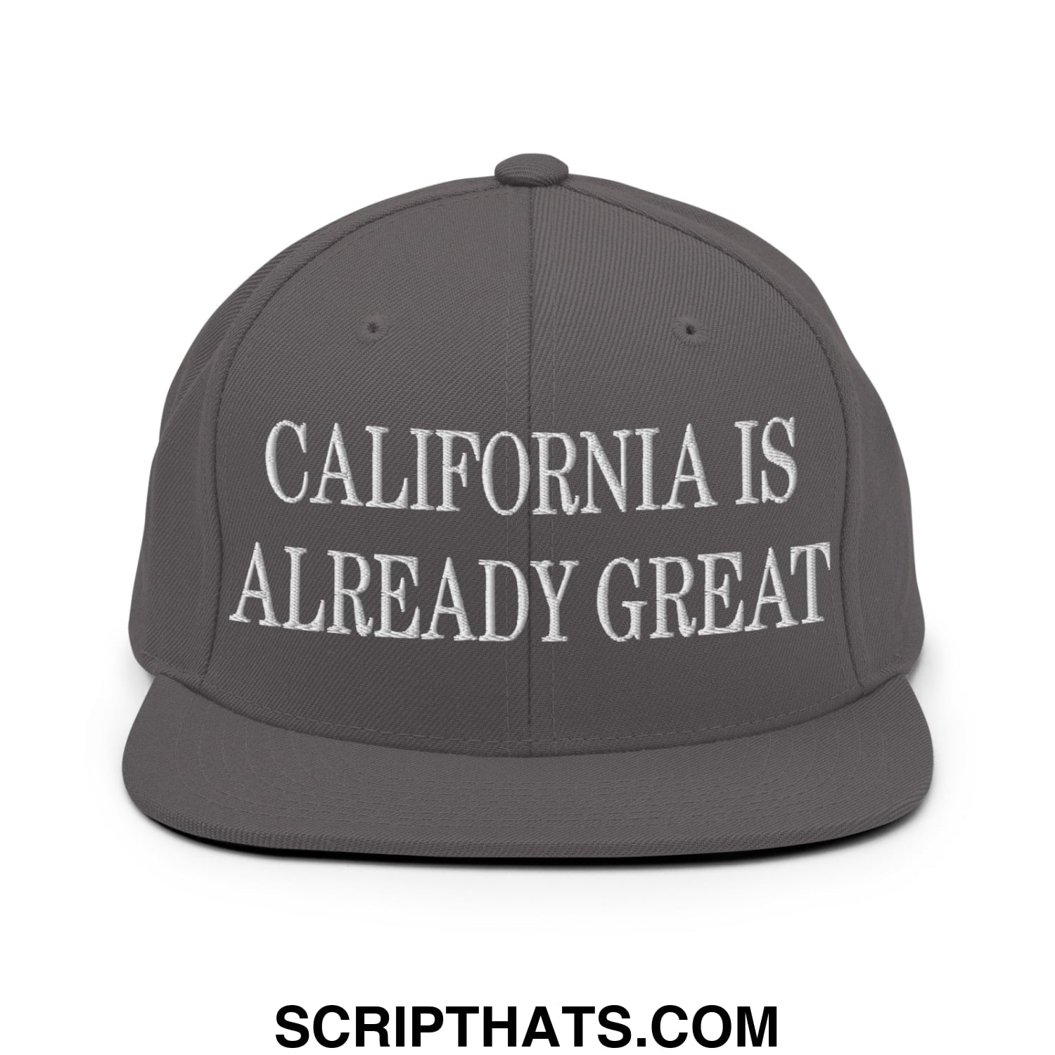 Gray snapback cap with white embroidered california is already great text and flat bill brim design