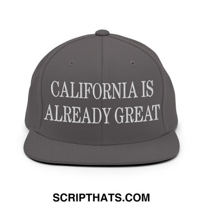 Gray snapback cap with white embroidered california is already great text and flat bill brim design