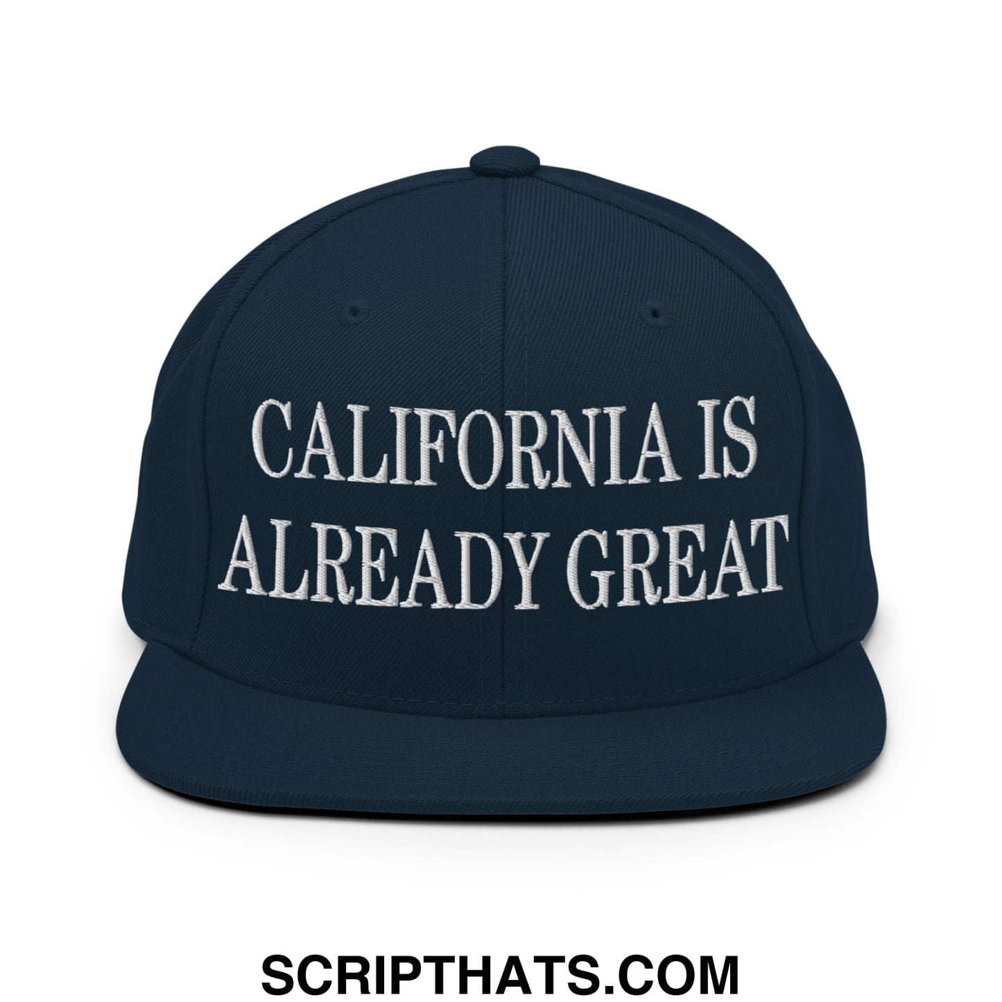 Navy blue snapback cap with white embroidered california is already great text and flat bill brim design