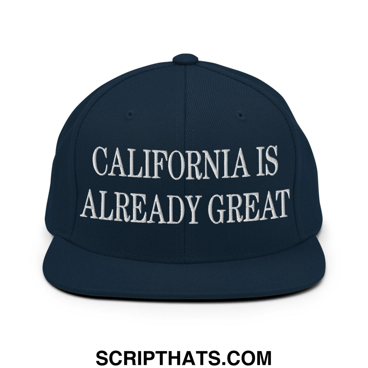 Navy blue snapback cap with white embroidered california is already great text and flat bill brim design