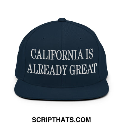 Navy blue snapback cap with white embroidered california is already great text and flat bill brim design