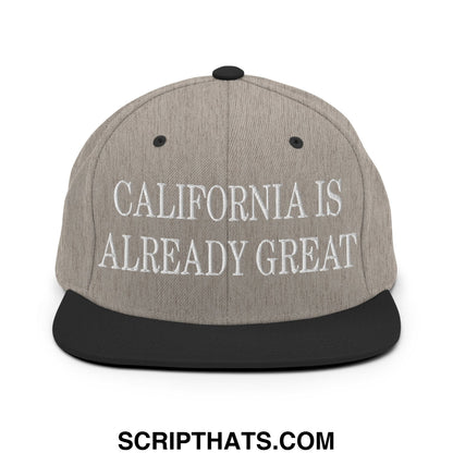 Gray snapback hat with black brim and embroidered white text california is already great flat bill design