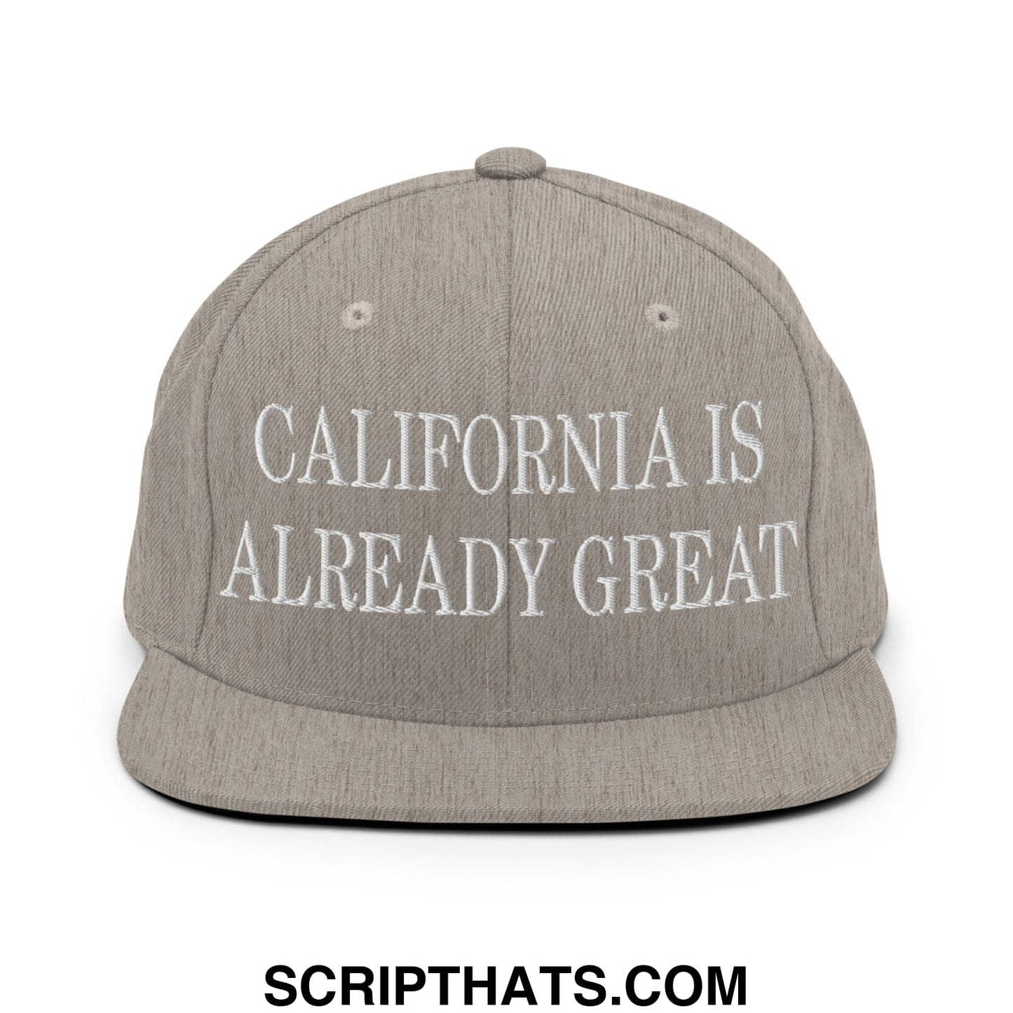 Gray snapback hat with white embroidered california is already great text and flat bill brim for casual wear