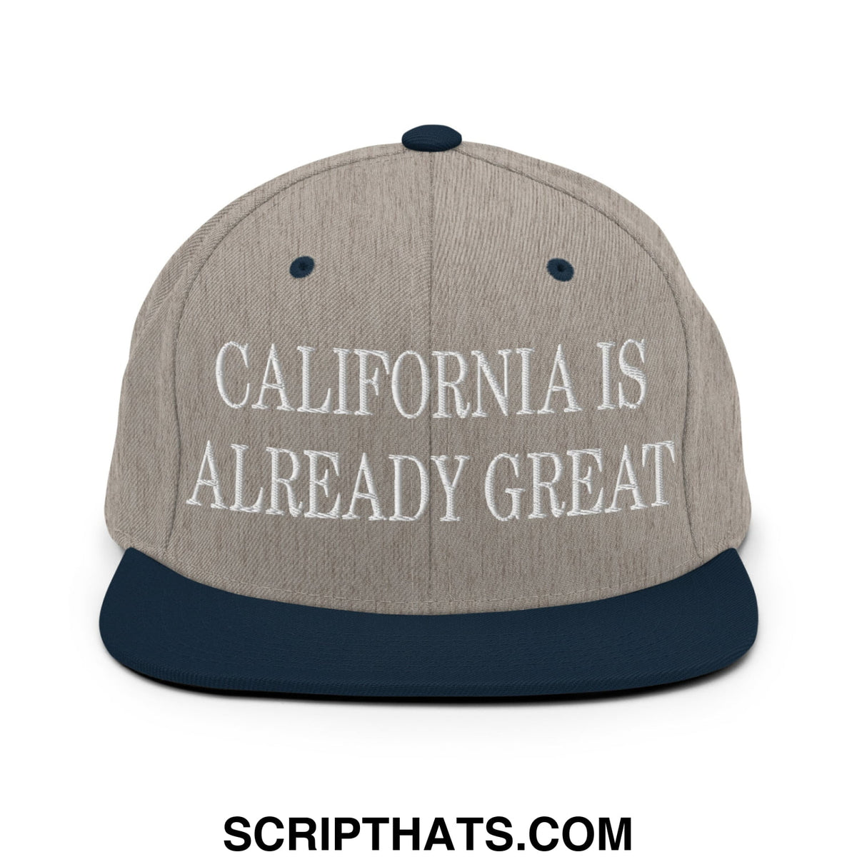 Beige and navy blue snapback hat with california is already great embroidered in white on a flat bill brim
