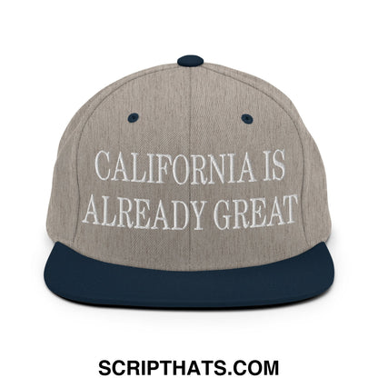 Beige and navy blue snapback hat with california is already great embroidered in white on a flat bill brim