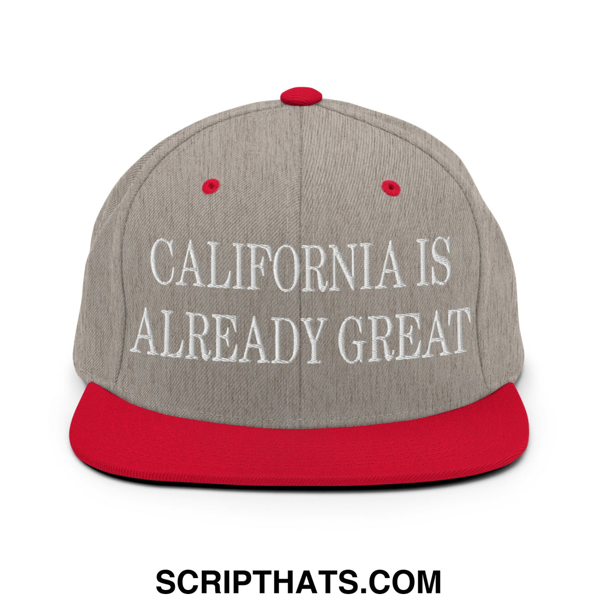 Gray and red snapback hat with flat bill brim and white embroidered text california is already great