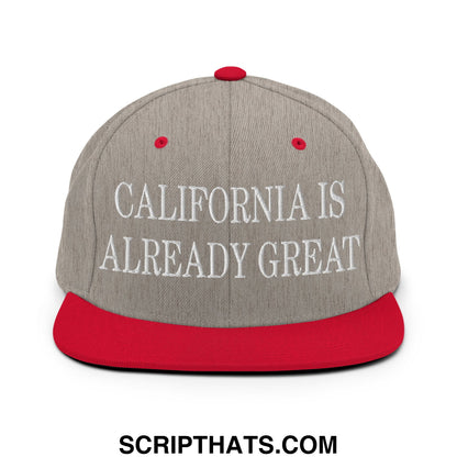 Gray and red snapback hat with flat bill brim and white embroidered text california is already great