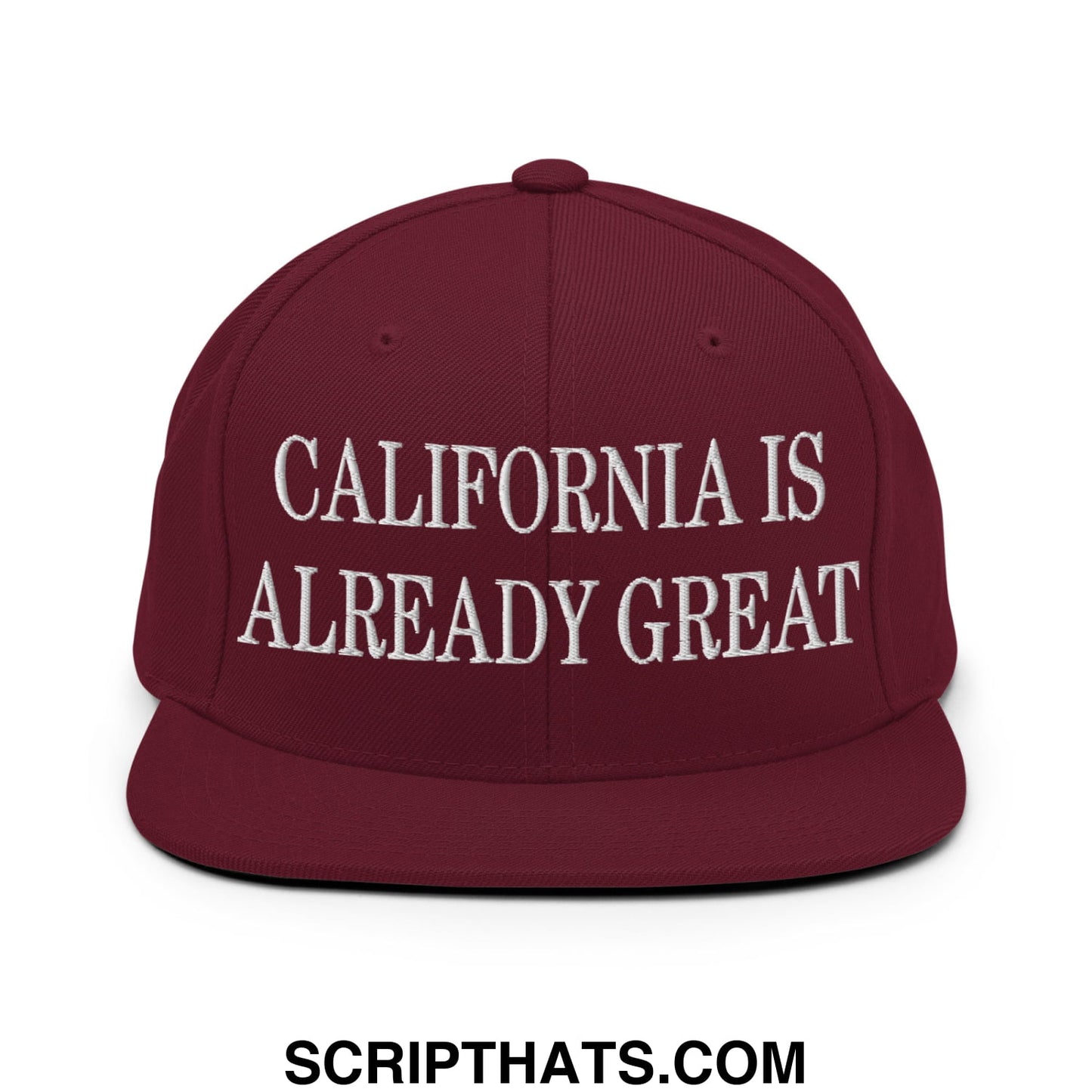 Maroon California is already great embroidered flat bill brim snapback hat with adjustable closure