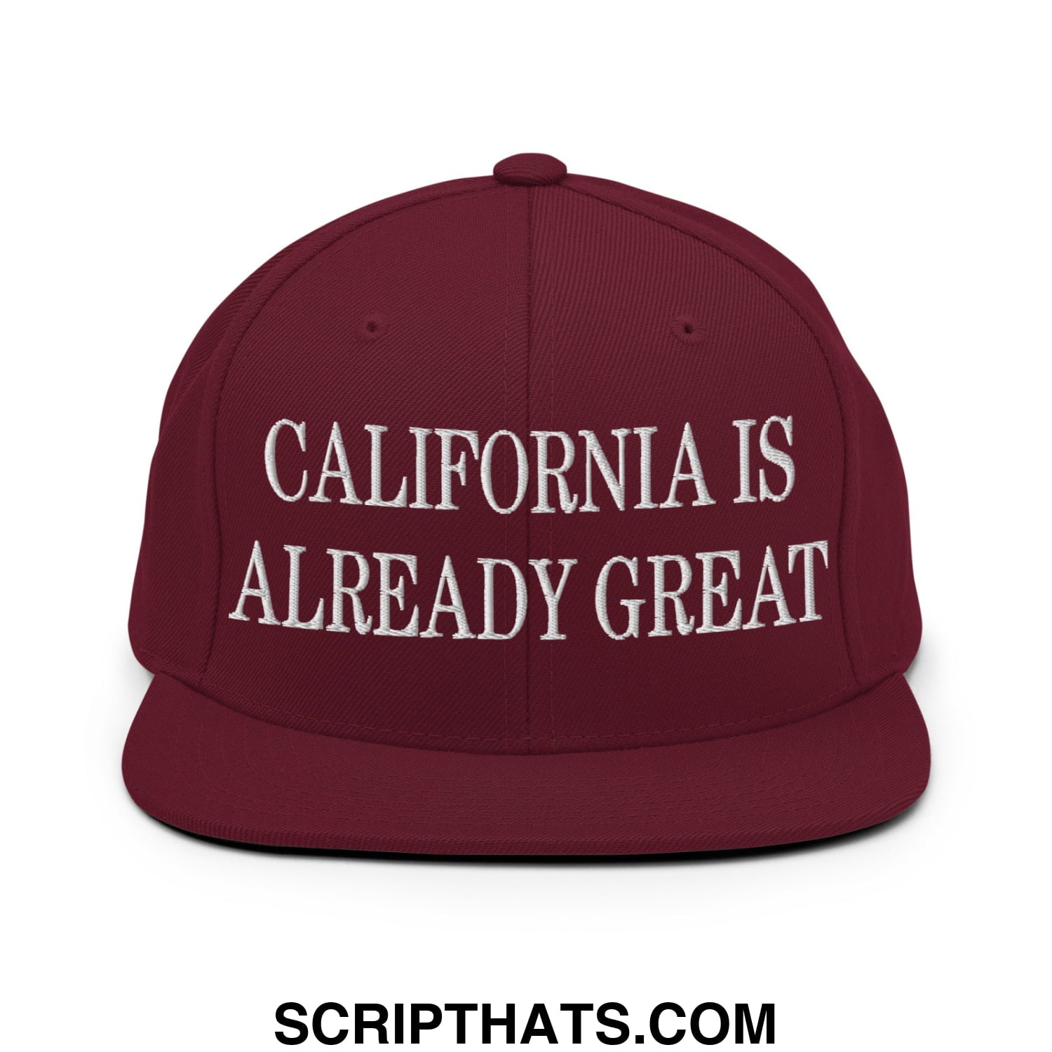 Maroon California is already great embroidered flat bill brim snapback hat with adjustable closure