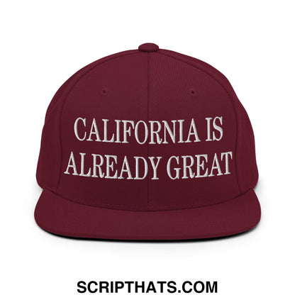 Maroon California is already great embroidered flat bill brim snapback hat with adjustable closure