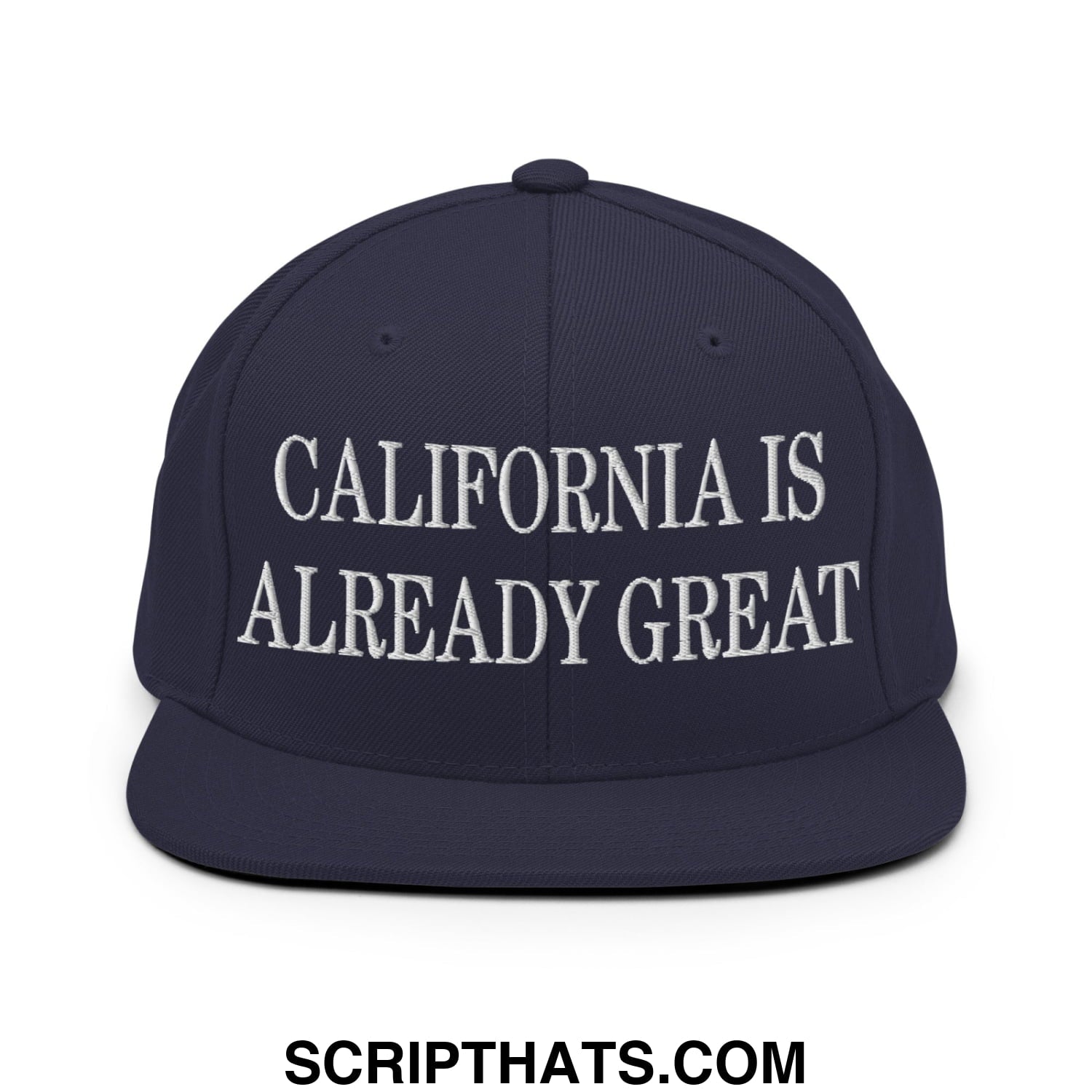 Navy blue snapback hat with white embroidered california is already great text and flat bill brim design