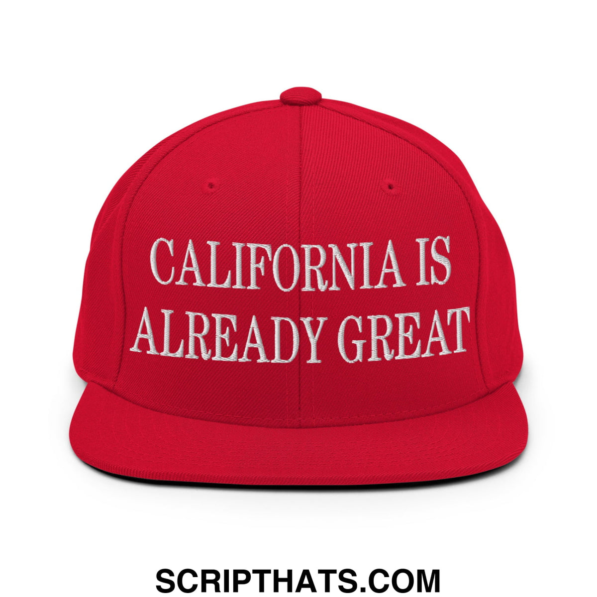 Red snapback cap with white embroidered california is already great text and flat bill brim design