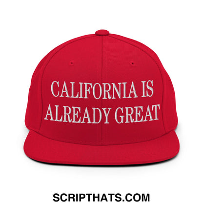 Red snapback cap with white embroidered california is already great text and flat bill brim design