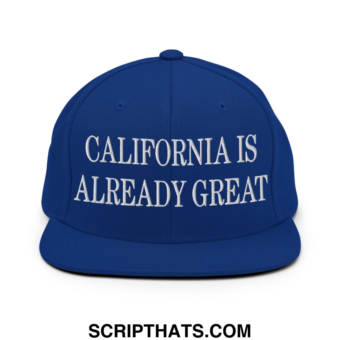 Royal blue flat bill snapback hat with white embroidered california is already great text for casual wear