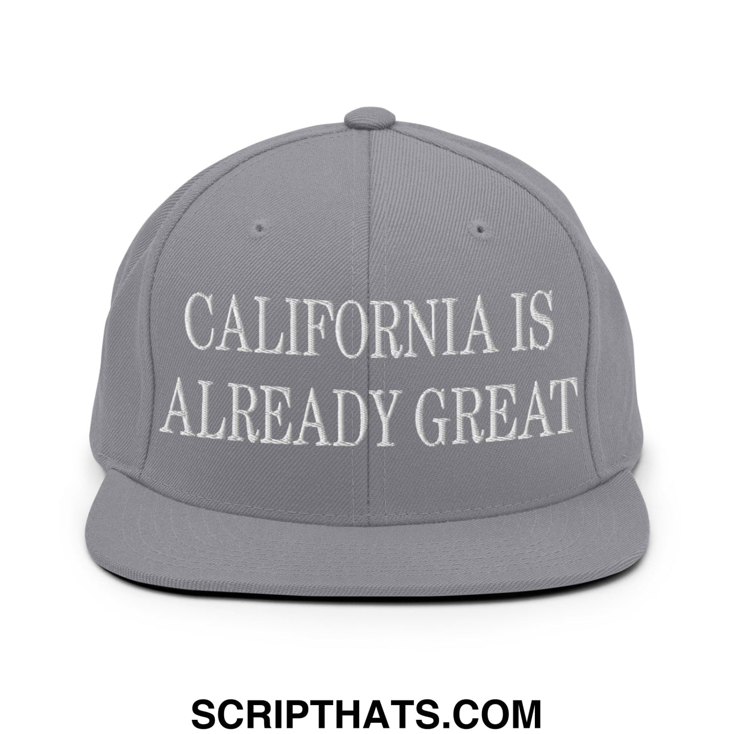 Gray snapback cap with white embroidered california is already great text and flat bill brim design