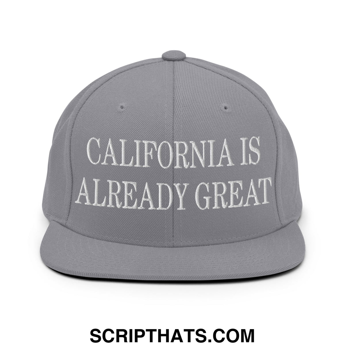 Gray snapback cap with white embroidered california is already great text and flat bill brim design