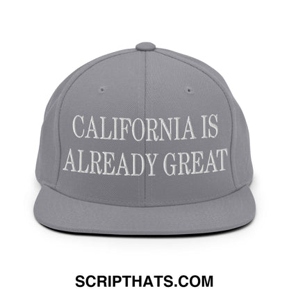 Gray snapback cap with white embroidered california is already great text and flat bill brim design