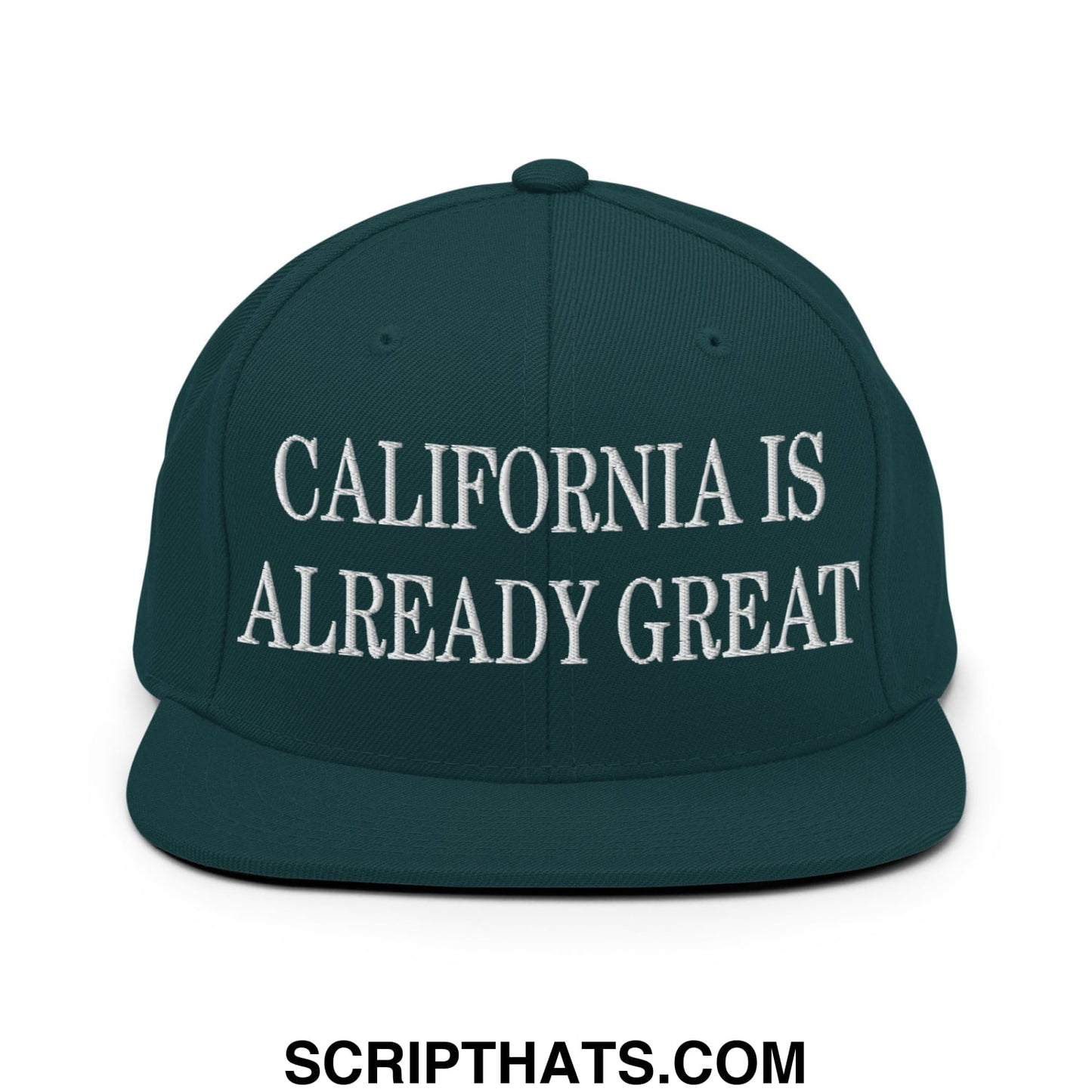 Dark green snapback hat with white embroidered california is already great text and flat bill brim design