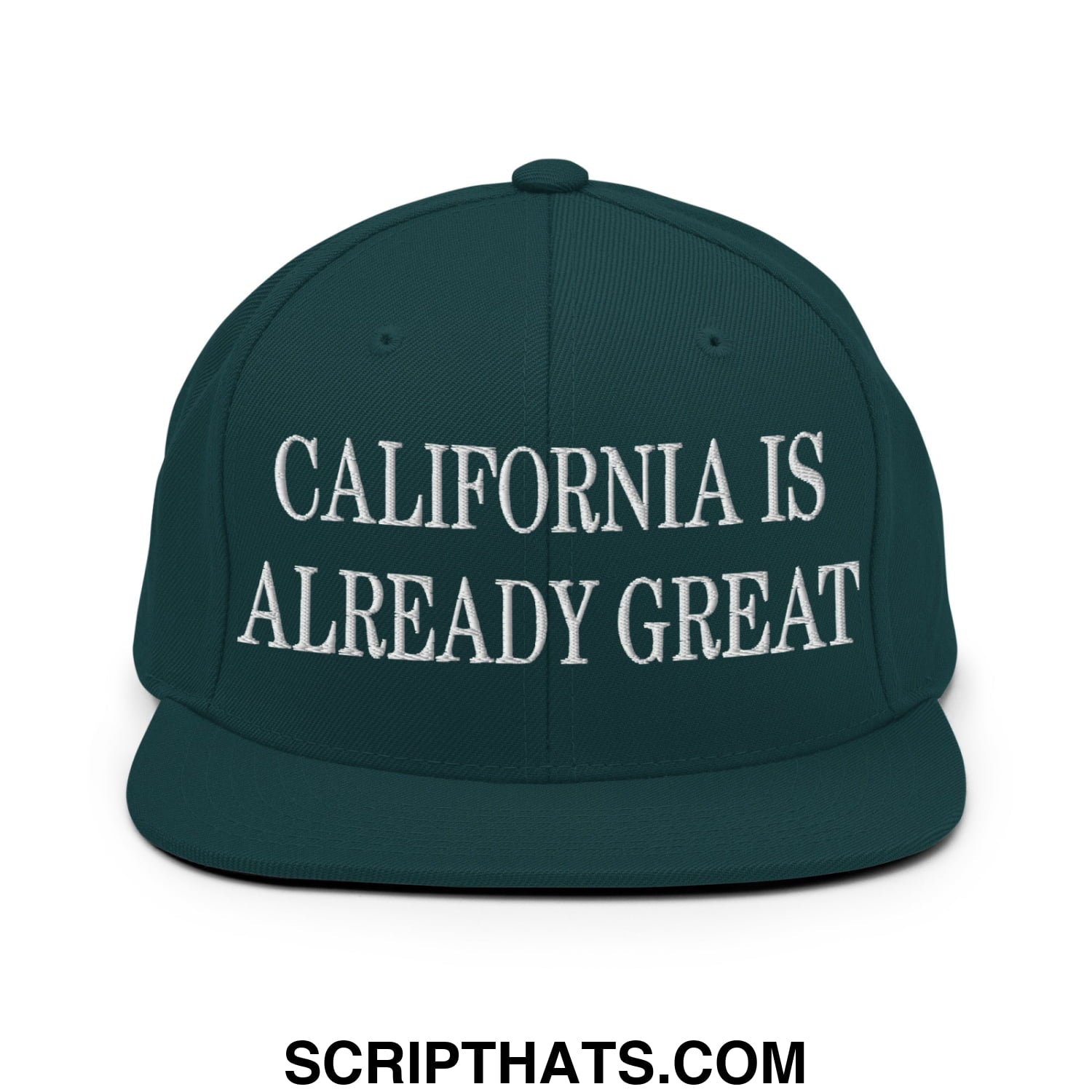 Dark green snapback hat with white embroidered california is already great text and flat bill brim design
