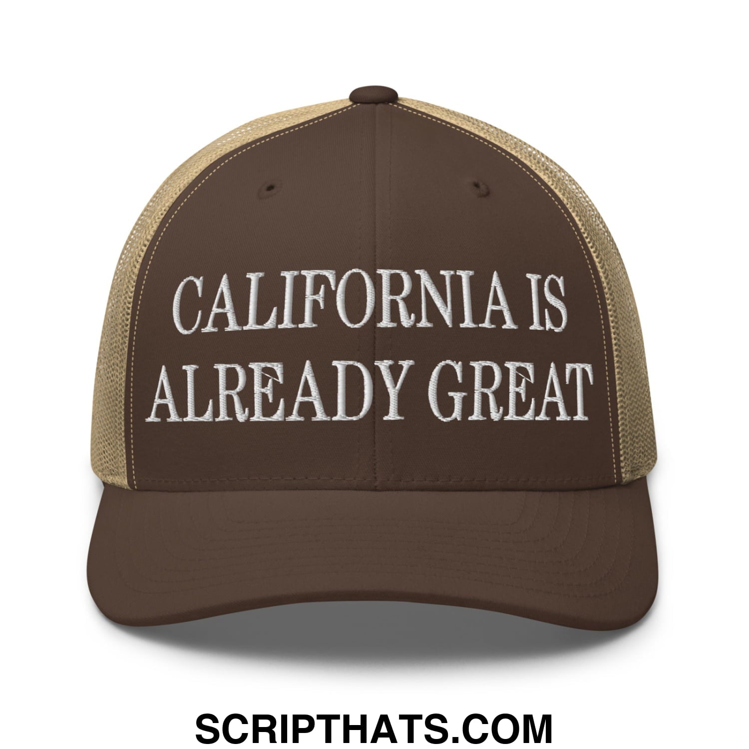 California is Already Great Embroidered Mesh Trucker Hat Brown Khaki