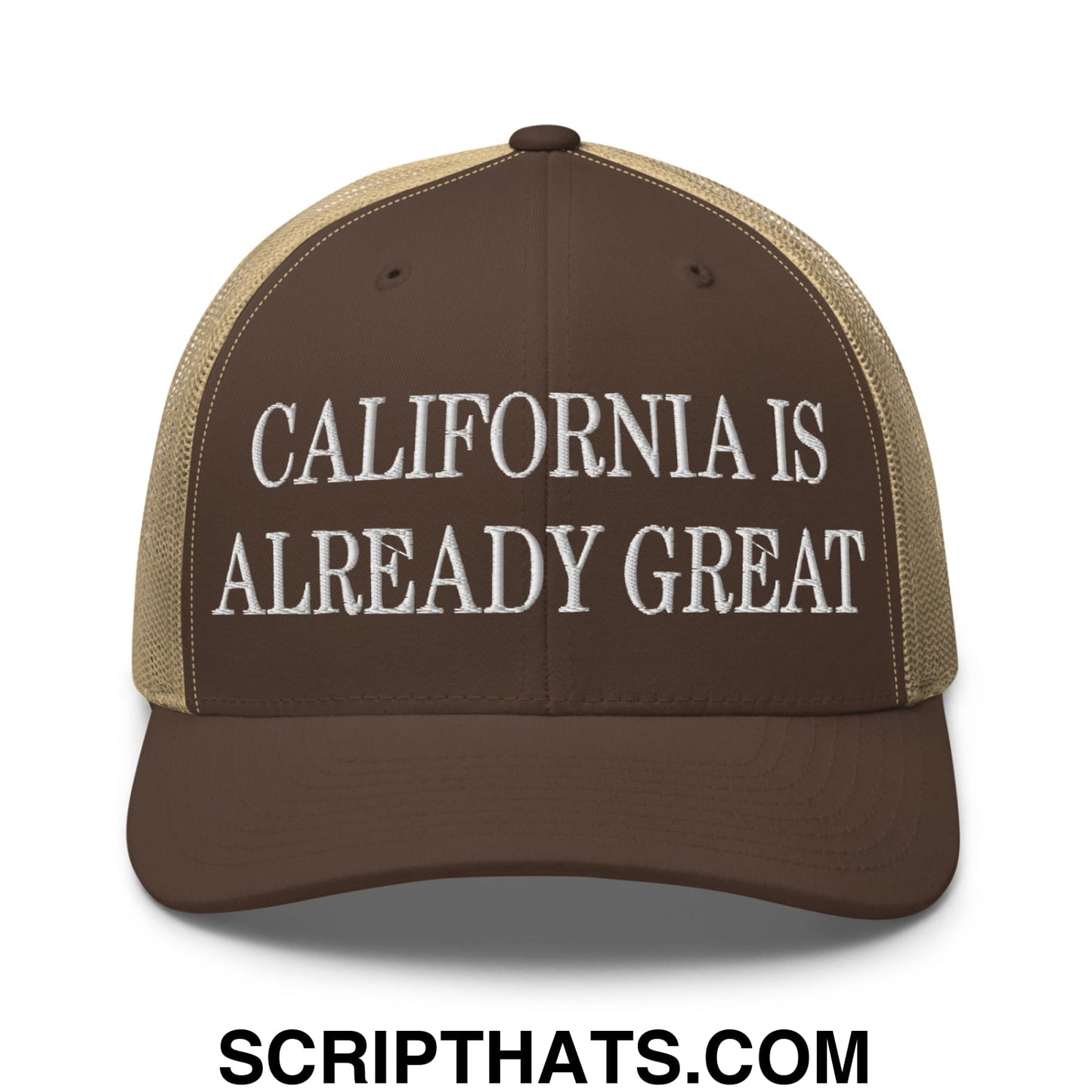 California is Already Great Embroidered Mesh Trucker Hat Brown Khaki