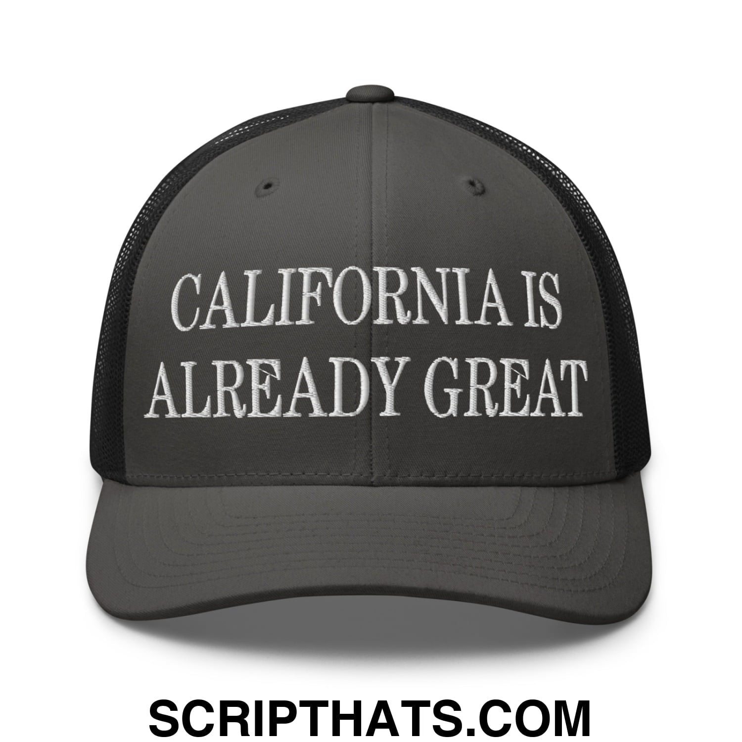 California is Already Great Embroidered Mesh Trucker Hat Charcoal Black