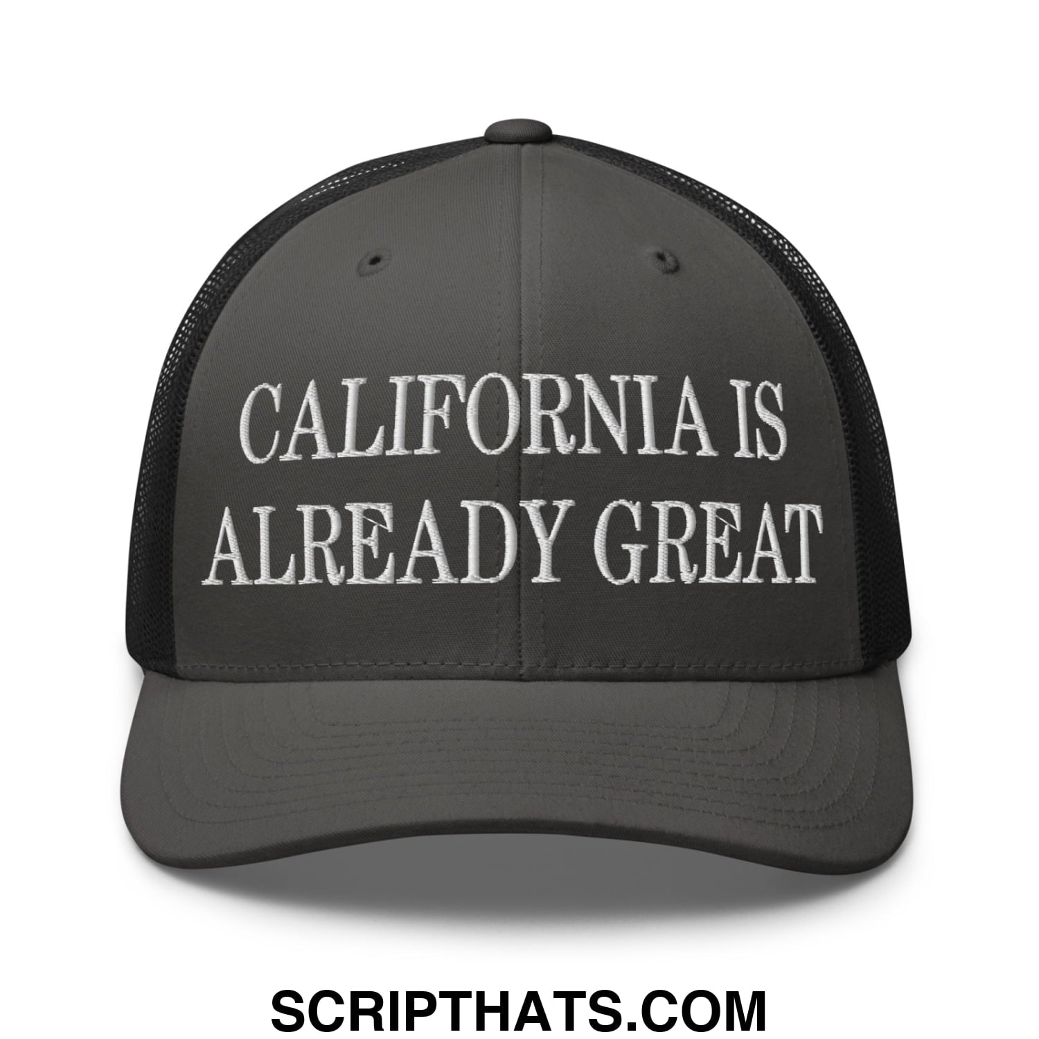 California is Already Great Embroidered Mesh Trucker Hat Charcoal Black