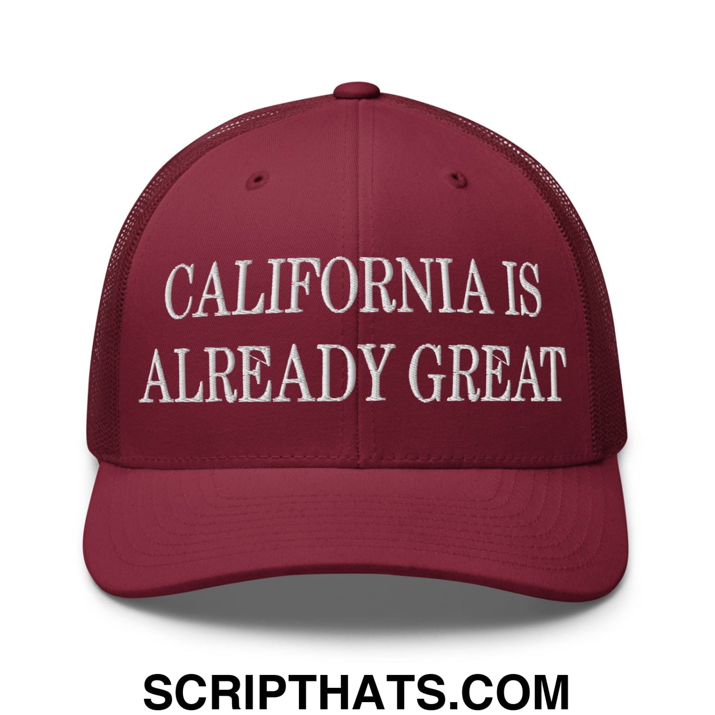 California is Already Great Embroidered Mesh Trucker Hat Cranberry