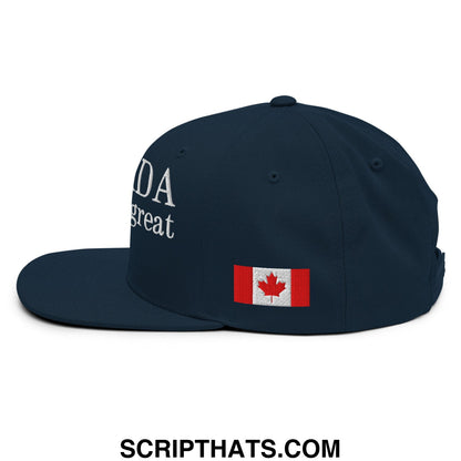 Dark navy blue snapback cap with white embroidered text and canadian flag patch canada already great eh design