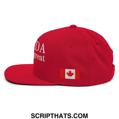 Red snapback cap with white embroidered Canada Already Great Eh text and canadian flag patch on the side