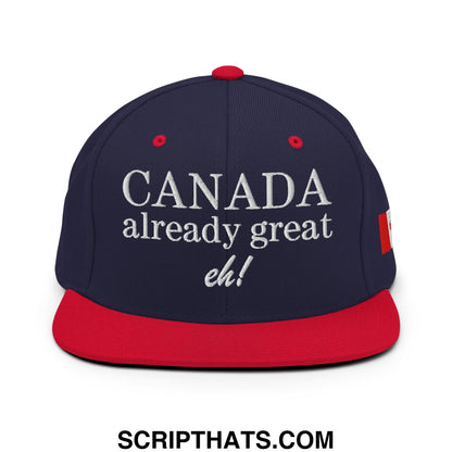 Navy blue snapback hat with red brim featuring white canada already great eh embroidered text and canada flag patch