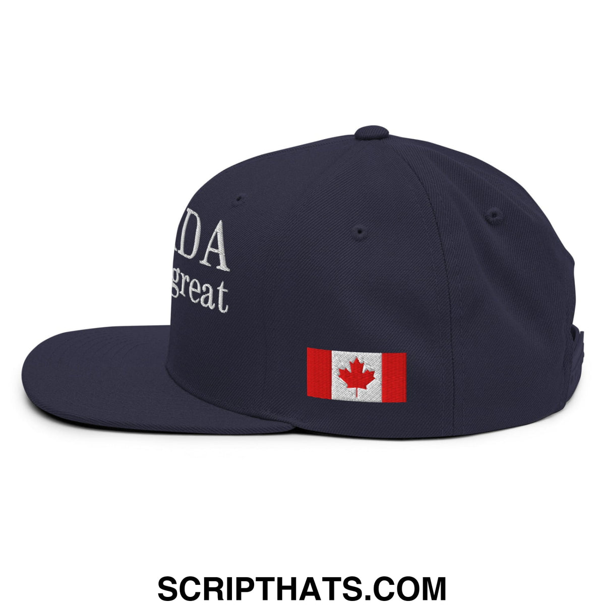 Navy blue snapback hat with white embroidered text and red white green canadian flag patch on the side