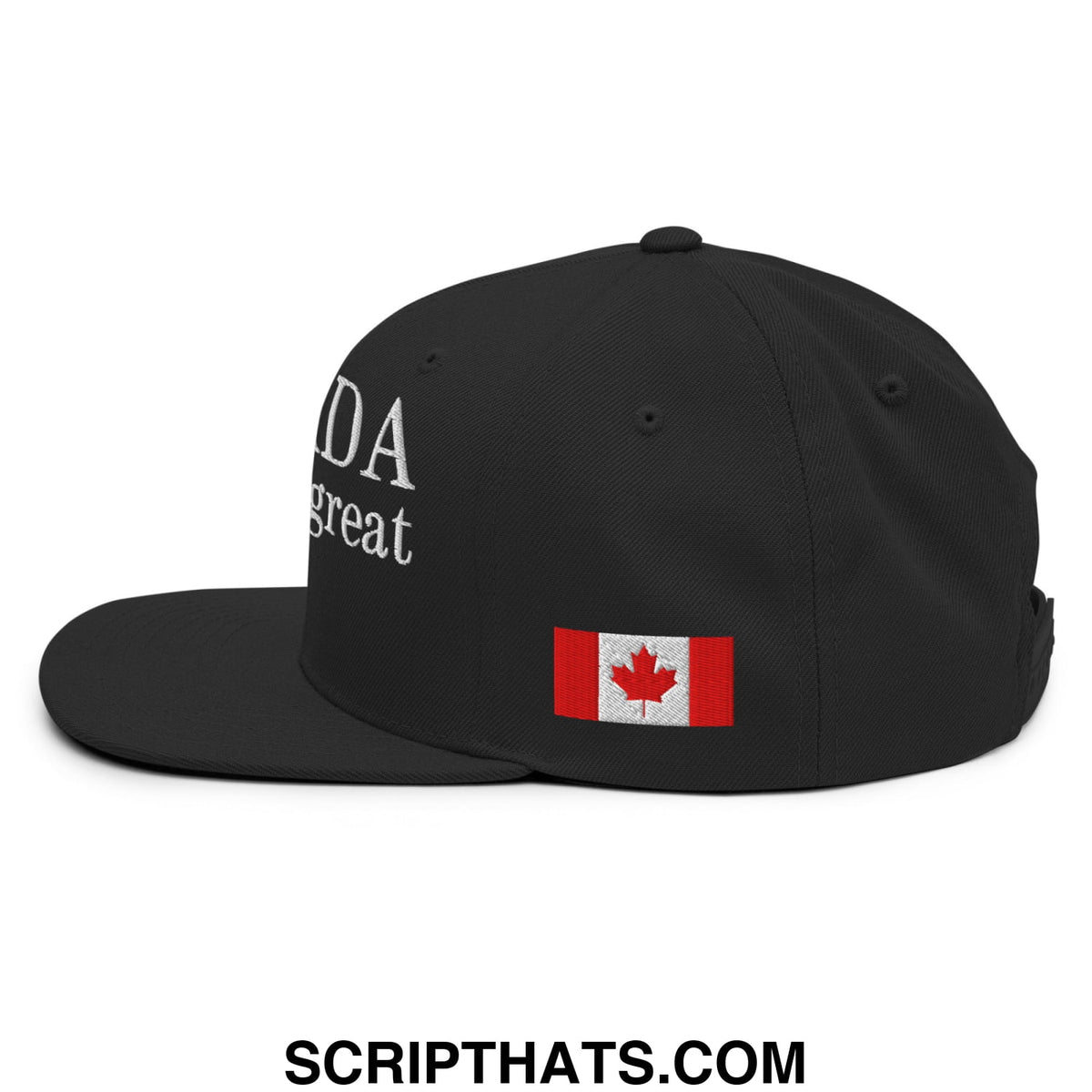 Black snapback cap with white embroidered canada great text and canadian flag patch on the side flat bill brim