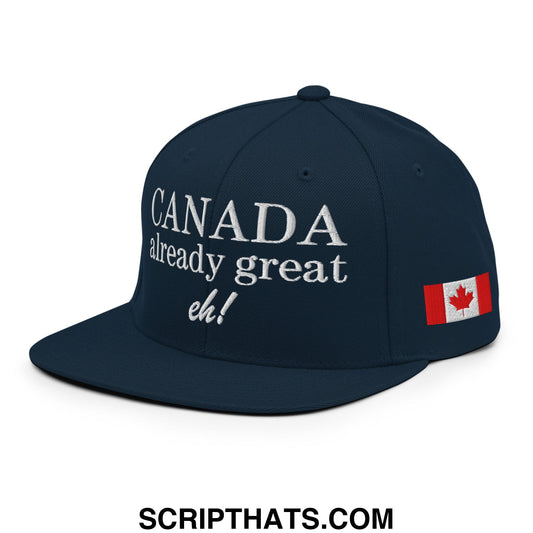 Dark navy snapback cap with white embroidered canada already great eh text and canadian flag patch on the side