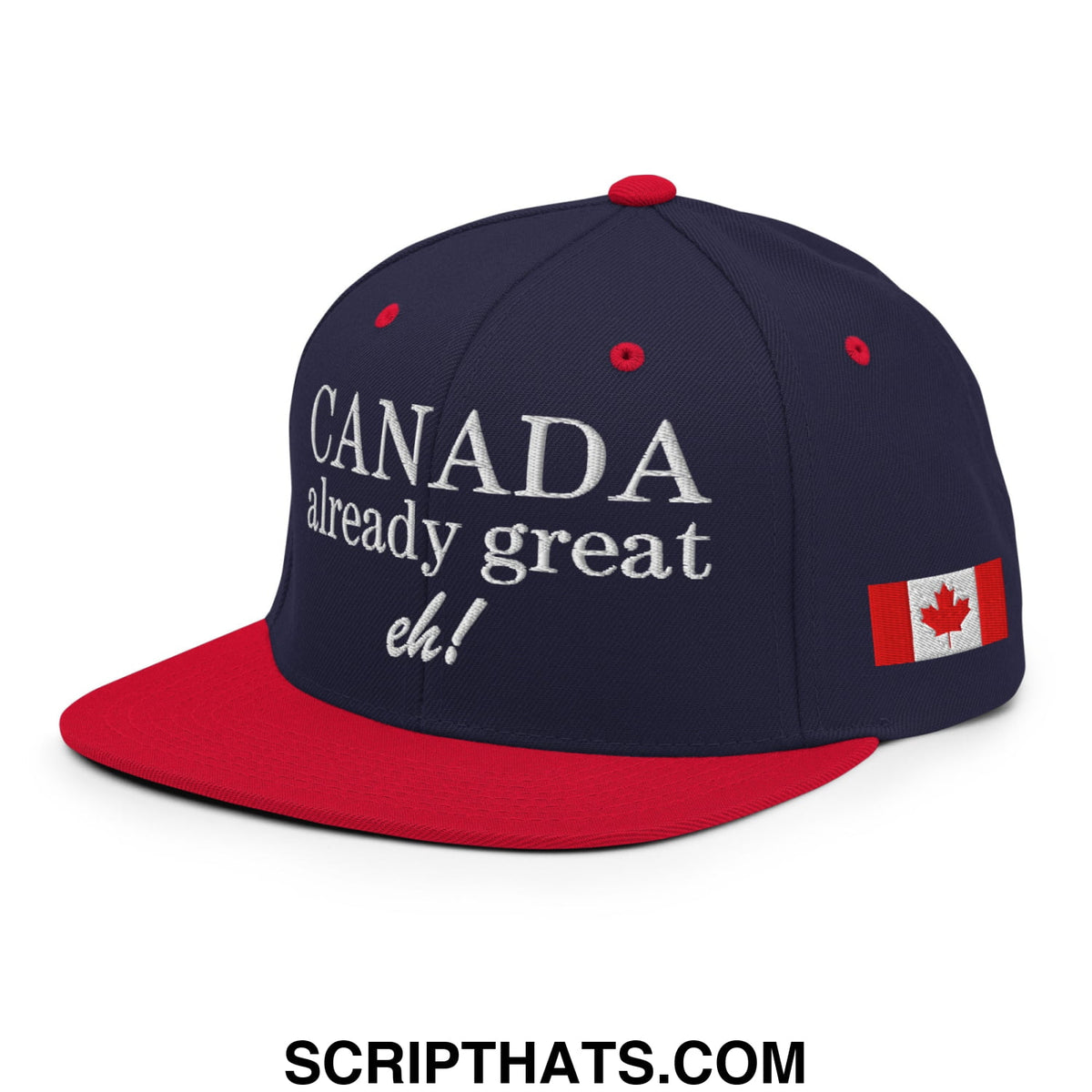 Navy blue and red Canada already great eh snapback hat with white embroidered text and canadian flag patch