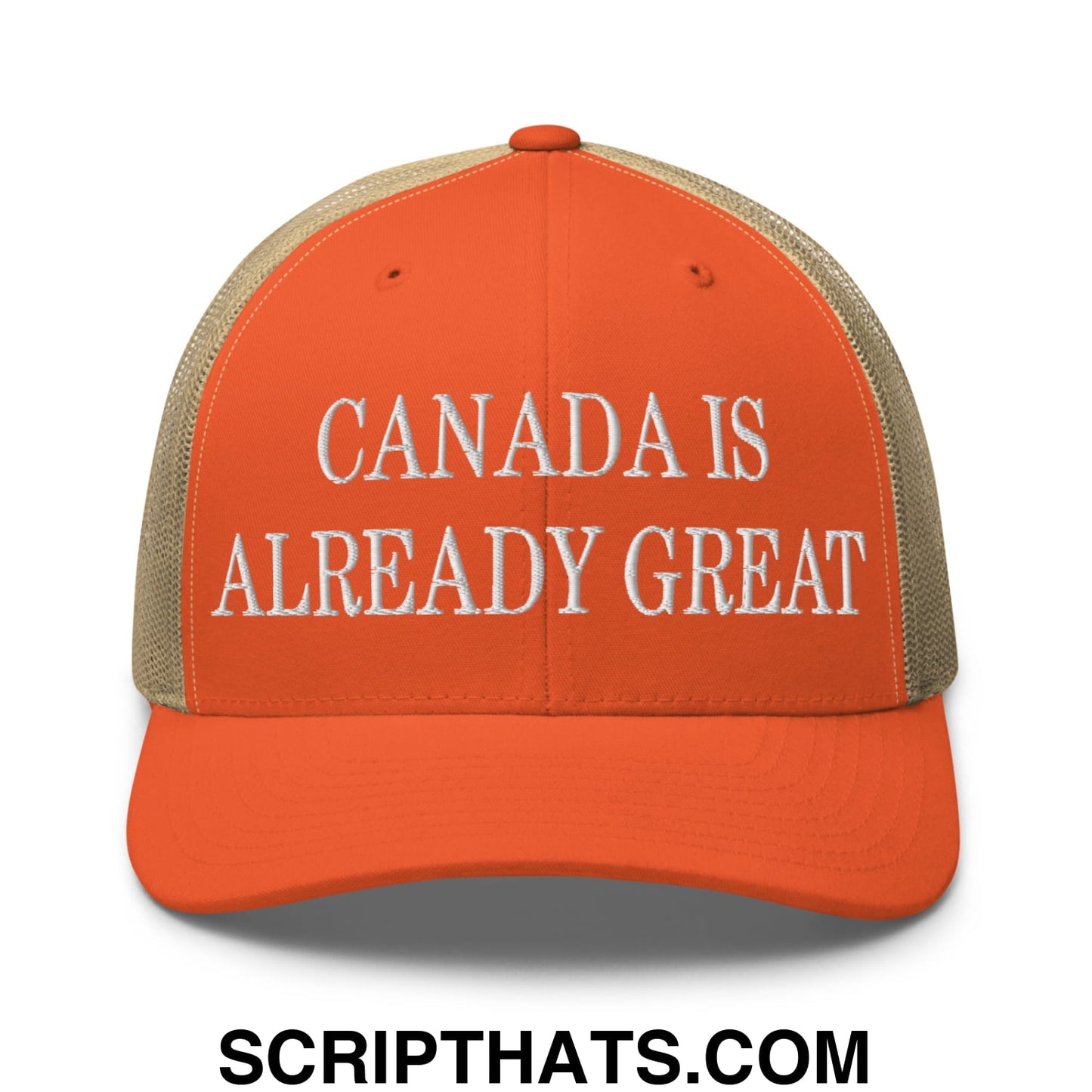 Canada is Already Great Embroidered Classic Mesh Trucker Hat Rustic Orange Khaki