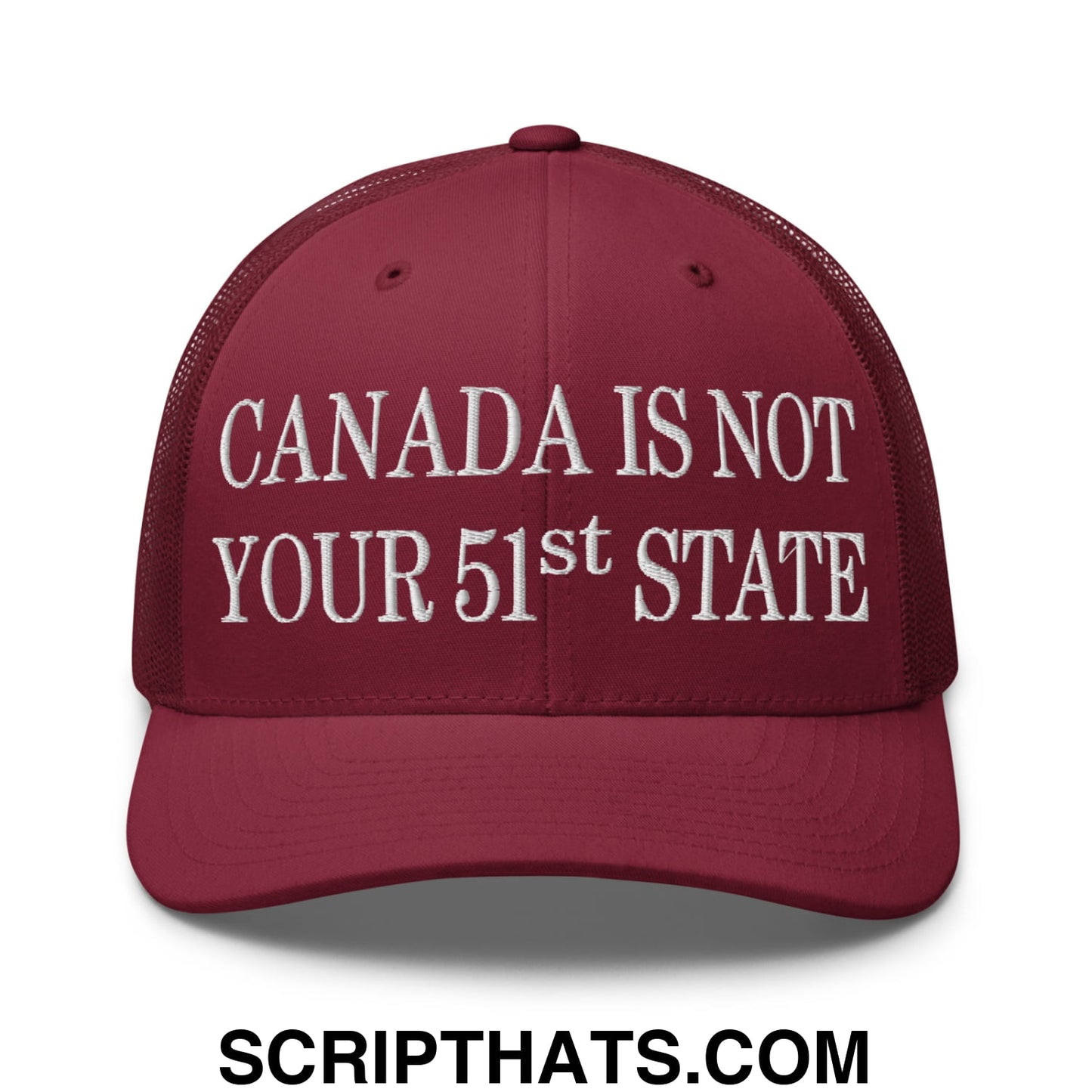 Canada Is Not Your 51st State Embroidered Mesh Trucker Hat Cranberry