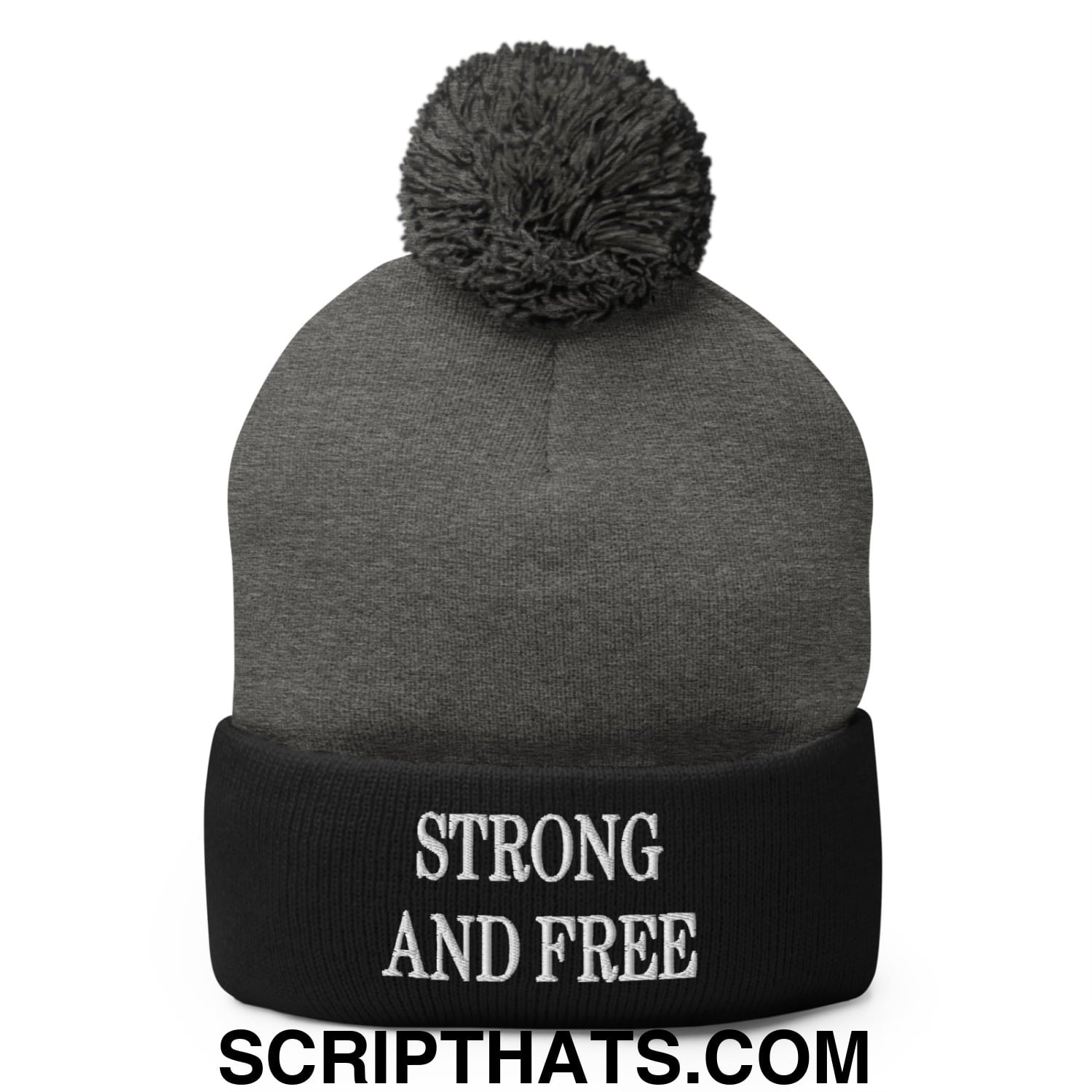 Canada Strong and Free Embroidered Pom Pom Knit Beanie Dark Heather Grey Black