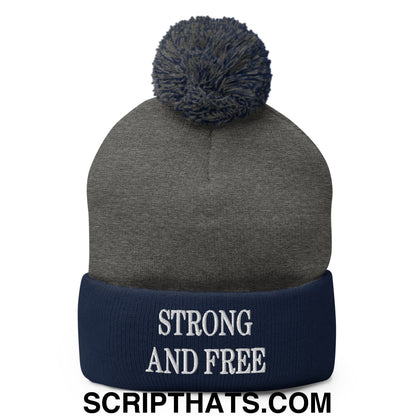 Canada Strong and Free Embroidered Pom Pom Knit Beanie Dark Heather Grey Navy