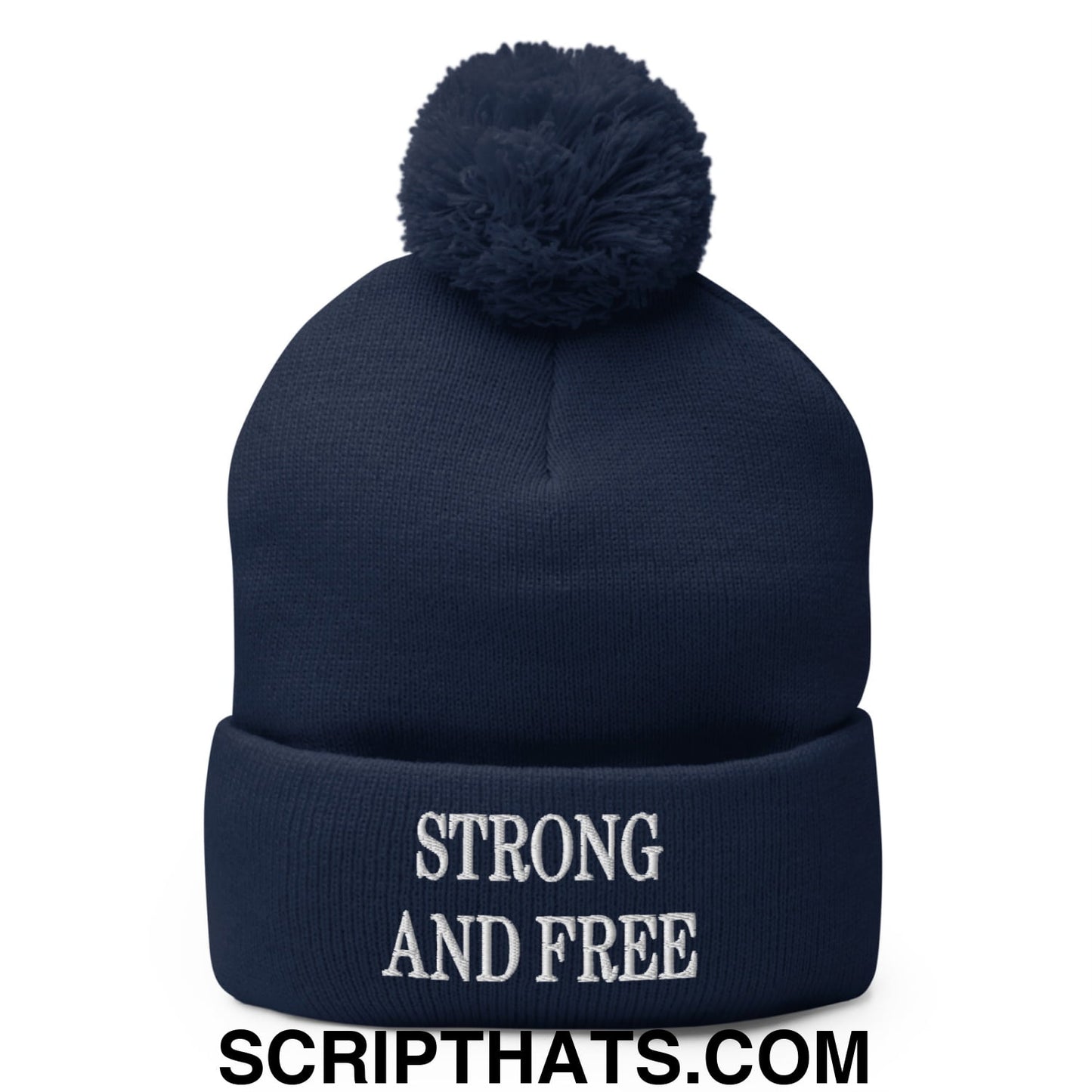 Canada Strong and Free Embroidered Pom Pom Knit Beanie Navy