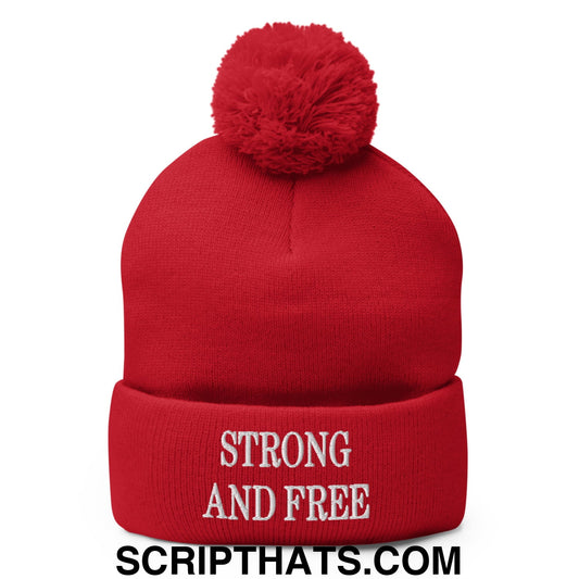 Canada Strong and Free Embroidered Pom Pom Knit Beanie Red