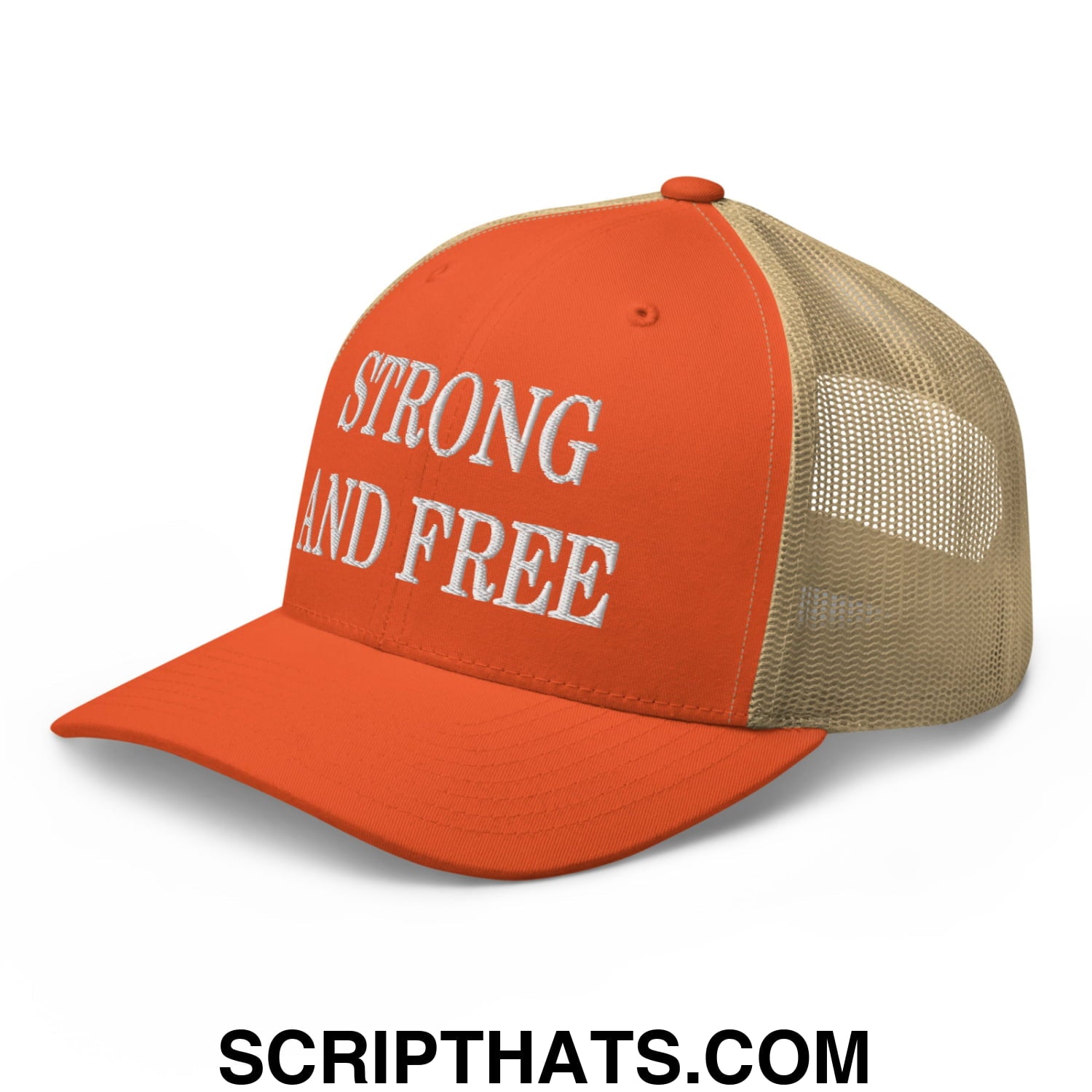 Canada Strong and Free Embroidered Retro Mesh Trucker Hat Rustic Orange Khaki