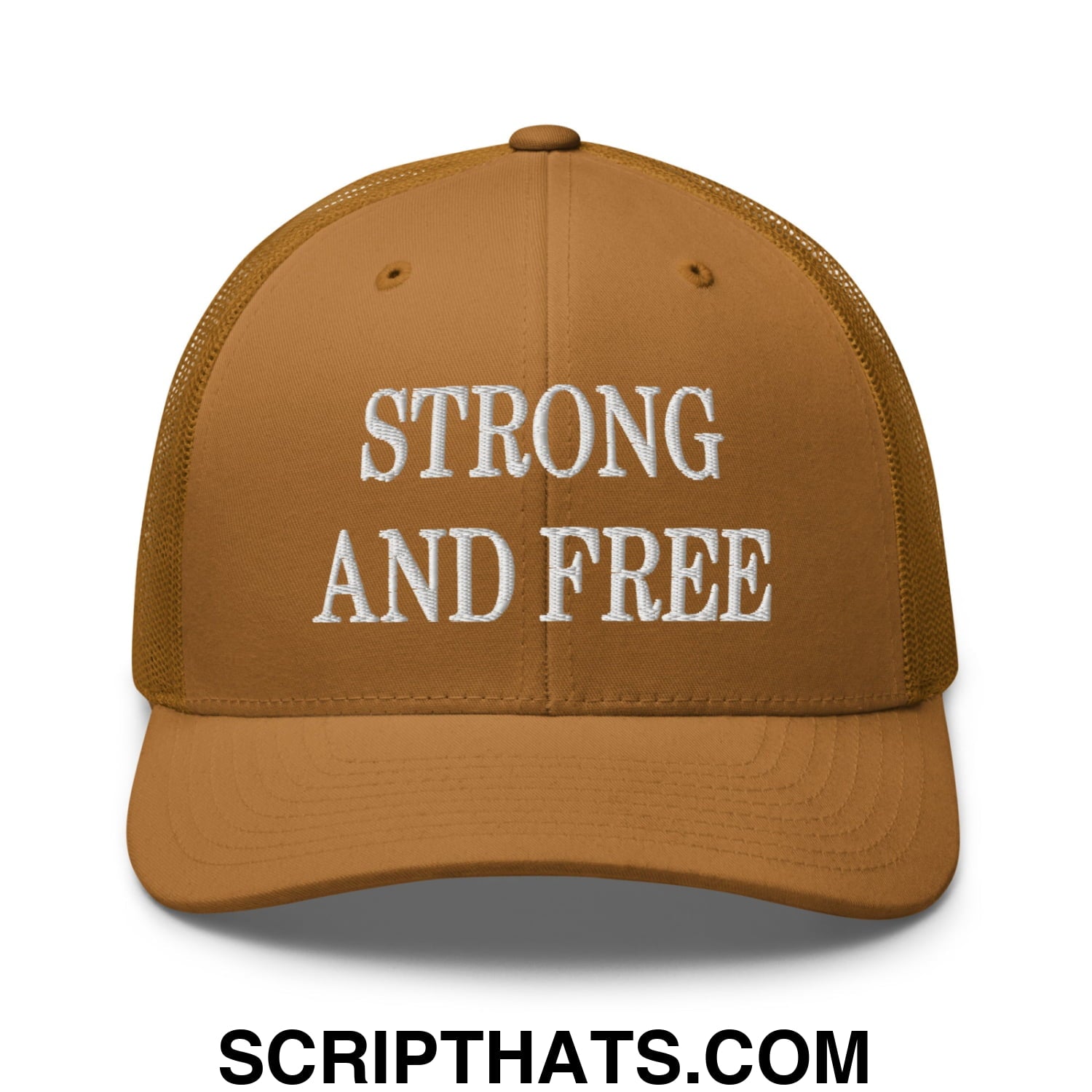 Canada Strong and Free Embroidered Retro Mesh Trucker Hat Caramel